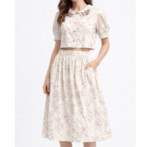 Cottagecore Floral Eyelet 2 Piece Skirt Set Cropped Embroidered Collar Coquette